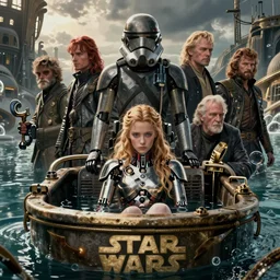 detailed ultrarealistic photography front medium shot of starwars, fantasy, waterworld, postapocalyptic, cyberpunk cyborg sadie sink, leyendecker, norman rockwell, greg rutkowski, artstation cinematic, vray game of thrones, lord of the rings