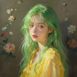 girl with green hair and yellow clothing, flower decoration on the background, a beautiful half body illustration, top lighting, perfect shadow, soft painting, art by hidari and krenz cushart and wenjun lin