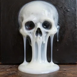 white semitransparant viscous goo dripping down a scary oil painting, 4 k photograph, real