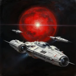 Star Wars battle with several spaceships by William Turner, oil painting, high contrast, space scene with lens flare, giant red star in background, cinematic