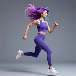 a award winning full body shot of a beautiful woman in a croptop and leggings with a ombre purple pink teal hairstyle with head in motion and hair flying, outrun, vaporware, vivid colors, highly detailed, fine detail, intricate