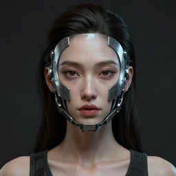 sexy beautiful girl head made of mech mask rendered in unreal engine, cyberpunk, dark scifi, painted by david burliuk bernard buffet | carne griffiths | wlop, face symmetry, 2 eyes, proportional face