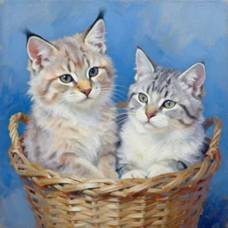 highly detailed painting of cute furry lynxs and wild cats cuddled up in a basket by william turner, thick brush strokes and visible paint layers, 4 k resolution, blue and white colour scheme