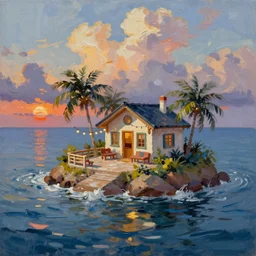 in a big sea is a tiny island with a cute cozy cottage on it with a terrace, a paved courtyard with benches and string lights, palm trees, sunset, puffy clouds, dramatic and dynamic lighting, thick brush strokes oil impasto painting