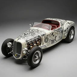 Ferrari hotrod car with an exposed V12 engine, intricate art nouveau mechanical patterns, elegant, highly detailed, sharp focus, art by Greg Rutkowski and WLOP