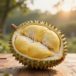 a macro photo of a durian on a wooden table at sunrise, hyperrealistic, some trees in the background, dof, octane render, unreal engine 5, trending on artstation, high quality, highly detailed, 8 k, soft lighting, path traced, beautiful, harmonious, complementary colors, serene scene, bloom, godrays, concept art