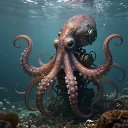 underwater biopunk steampunk octopus, hyper detailed, digital art, trending in artstation, cinematic lighting, studio quality, smooth render, unreal engine 5 rendered, octane rendered, art style by klimt and nixeu and ian sprigger and wlop and krenz cushart.