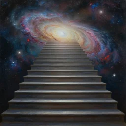 oil painting of a stairway filled with galaxies and nebulas