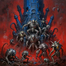 fine art oil painting varied muck jeweled, filthy, doubled, spiked, rugated armored animacules, stacked, tiered, clawing & terrified as massive blue veined brutalist structures, final battle failure, red mustard gas fog, by alex nino, francesco blanc, geof darrow, h r giger, bisley, b wolverton, jack gaughan high