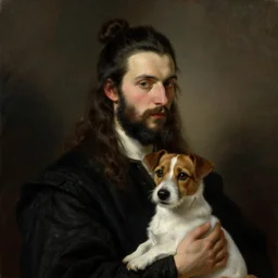 a beautiful painting dramatic portrait of a young man with long hair tied in a bun and black beard holding a jack russell by greg rutkowski and rembrandt, featured on artstation