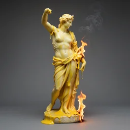 greek sculpture of yellow plastic melting between fire and smoke / studio lighting