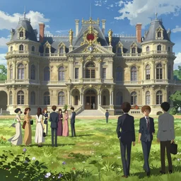 an ornate victorian palace, party in front, scene in an open field. 1 8 9 0, key visual, conceptart, ambient lighting, highly detailed, digital painting, artstation, concept art, sharp focus, by makoto shinkai and akihiko yoshida and greg manchess