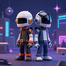 3D low-poly render of miniature daft punk kids standing back to back, twilight zone background, illustration, artgerm, octane render, inspired by Greg rutkowski, colorful, studio lighting, full body,