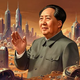 a hyper realistic digital art of mao zedong in cyberbunk city on mars by jesper ejsing, irakli nadar, intricate linework, bright colors, cinematografic, highly detailed, hyperrealism, digital art, artstation, concept art, unreal engine 6, detailed and intricate environment, an expansive view of