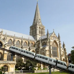 an external view of salisbury cathedral with a monorail train system running through its upper part, architectural drawing, design concept, design sketch, plans - n 4