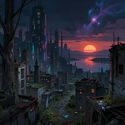 a beautiful detailed illustration of basement abandoned city by georgia o'keeffe, alien at dawn futuristic neon noir forest at dusk darkacademia at night sunset lake bladerunner 2 0 4 9 cosmic sea assassin's creed universe evil, archdaily, wallpaper, highly detailed, trending on artstation.
