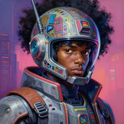 anime manga afro - cyberpunk 🧔🏿♂ gundam pilot portrait with an intricate futuristic urban inspired helmet, hyperrealistic digital oil painting, by makoto shinkai and ilya kuvshinov and lois van baarle and rossdraws and basquiat, trending on artstation, cmyk, neon colors