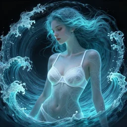 a photograpic portrait of a anthropomorphic bioluminescent water wave wearing white bra, fantasy, intricate, elegant, highly detailed, digital painting, artstation, concept art, smooth, sharp focus, illustration, art by artgerm and h r giger and alphonse mucha