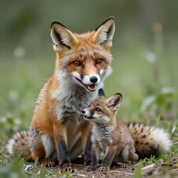 A fanatsy world photo of a smiling green fox giving birth to his youngster, 4k