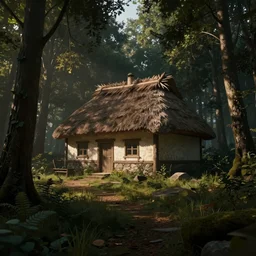 a single cottage with a thached roof in the woods and empty woods, 8k, fantasy, unreal engine, dramatic lighting, cinematic