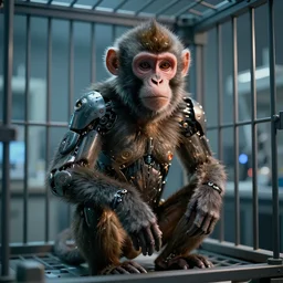 a photorealistic, hyper detailed, of a cybernetic monkey that is in a cage in a lab
