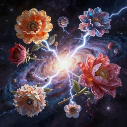An epic fantastic realism comic book style painting of the most beautiful entwined flowers launched across the galaxy, floating bouquets, fisheye, lightning creating life, unreal 5, DAZ, hyperrealistic, octane render, dynamic lighting