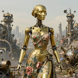 brass semi - mechanical woman, portrait, floral art novuea dress, art by ardian syaf and moebius, in steampunk cityscape