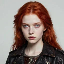 head and shoulders portrait of a young girl in a leather jacket, pale skin, piercing pale eyes, red hair, vibrant color, steampunk, high detail, masterpiece by caravaggio, artgerm, mucha, jia, jakub rebelka