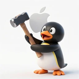 Tux the GNU Pinguin slamming the Apple logo with a hammer, octane rendering