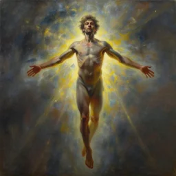 a painting by android jones of a man transcending his humanity and becoming one with everything