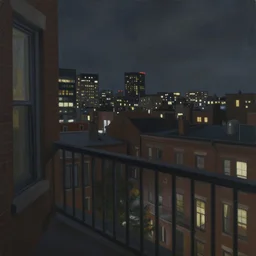 muted color ultra realistic painting of a balcony view of 1 9 2 5 boston downtown at night, viewpoint as if through distorted glass or underwater, dark, brooding, night, atmospheric, ultra - realistic, smooth, highly detailed in the style of clyde caldwell