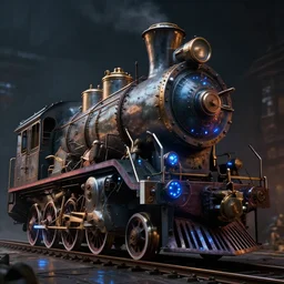 steampunk locomotive, cinematic, low angle, dramatic lighting, artstation, cgsociety, octane render, blue leds