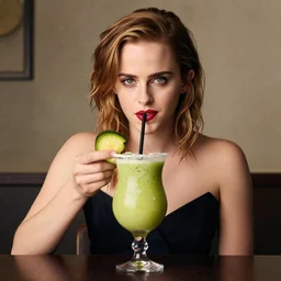 portrait of a michelin - star emma watson inside an avocado cocktail, professional food photography, captivating, rule of thirds, majestic, octane render, 8 5 mm lens