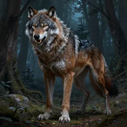 fullbody portrait of a male werewolf, bared teeth, long claws, by greg rutkowski and alphonse mucha, gradient brown to silver, in front of a forest at night background, highly detailed portrait, digital painting, artstation, concept art, smooth, sharp focus illustration
