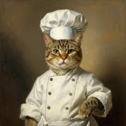 a cat dressed as a chef, proudly posing for a portrait. centred. painted by rembrandt. intricate, ultra - detailed painting. atmospheric lighting. golden hour