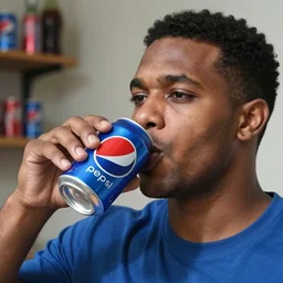 pepsi man but with coca cola branding, drinking a can of soda with max headroom's face on it, realistic, hyperrealistic, ultra realistic, real, real world, highly detailed, very detailed, extremely detailed, intricate details, 8 k resolution, hd quality