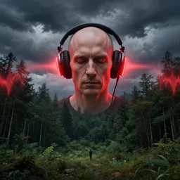 portrait, bald man with headphones by greg rutkowski, in a forest clearing, storm clouds, red glow melting up from the headphones, ethereal, thomas kinkade, sound waves, powerful zen composition, by takehiko inoue and ross tran, elegant, realistic