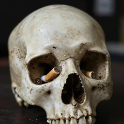 close up top of human skull is missing and cigarette butts are inside, dark blurry background
