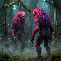 beautiful digital fantasy illustration of a creepymania creature standing in front of a mirror, concept art by Alex Horley-Orlandelli, misting, moss, fantasy forest environment, vivid, intense, scary, dark, fantasy, renderman render, 3D, photorealistic, concept art, complementary color, vibrancy color, high detail texture, unreal engine, 8k, Photographic quality, ultra hyper realistic quality, 8k definiton, hyper-realistic, cinematic, cinematic lighting