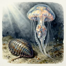 artwork by ernst haeckel, watercolor, botanical illustration, jellyfish, trilobite, shiny crystalline