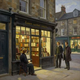 Solomon Joseph Solomon and Richard Schmid and Jeremy Lipking victorian genre painting painting of an english 19th century english bookshop store front on a stone city streat with shops and stores at night with cozy lights