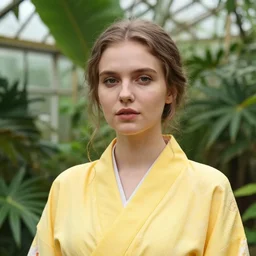 photo portrait of the face of a young russian woman wearing a yellow kimono in a tropical greenhouse