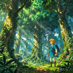 epic cannabis tree forest, link and zelda high af smoking blunt, vivid tones, wide angle, by miyazaki, nausicaa, studio ghibli, breath of the wild