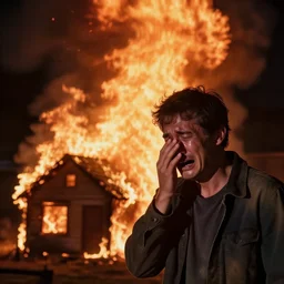 Photo, A man crying because his house has burning, Huge fire, night