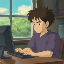 angry man working from home at a computer, looking out the window, studio ghibli