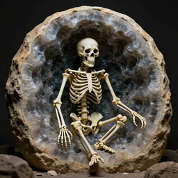 ( a strange weird skeleton in a giant geode ), ( ultra realistic, ultra 4 k, provided by unreal engine, artstation, archeological discover, realisms, photography )