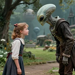 detailed, sharp, a boy and a girl meeting the humanoid alien king, bowing to him, wearing 1860s era clothes, in a park on an alien planet, extremely highly detailed, hyperrealistic, highly detailed faces, 70 mm film still from a period sci fi color movie, 4k