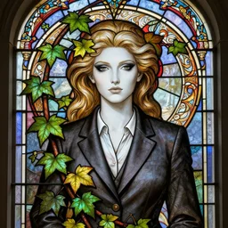 a stunningly detailed stained glass window of a beautiful poison ivy with white skin wearing a business suit, dark eyeliner, intricate, elegant, highly detailed, digital painting, artstation, concept art, sharp focus, illustration, art by greg rutkowski and alphonse mucha