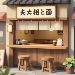 outside view of cute ramen shop, goro fujita, studio gibli, hayao miyazaki, clean, low poly art, trending on artstation, global illumination, 2 stools