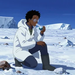 Black geoscientist exploring the south pole, ambient lighting, 4k, anime key visual, lois van baarle, ilya kuvshinov, rossdraws, artstation